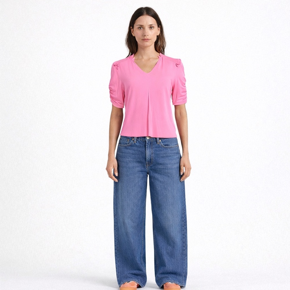 Hale Bob Pink V-Neck Ruched Sleeve T-Shirt | Size Small